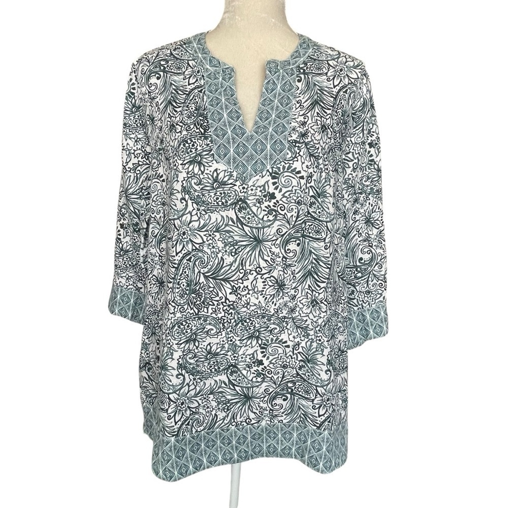 Sigrid Olsen 100% Linen Paisley Floral Tunic Top Women’s Size L 3/4 Sleeves